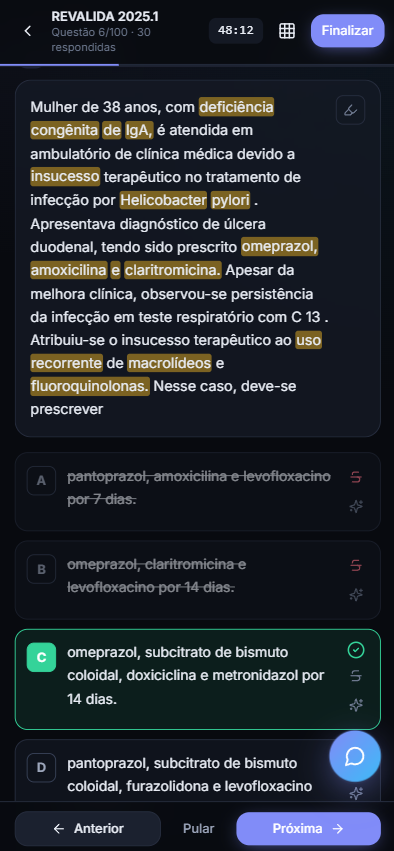 Tela de resolução de questão do Papiro, com enunciado e alternativas